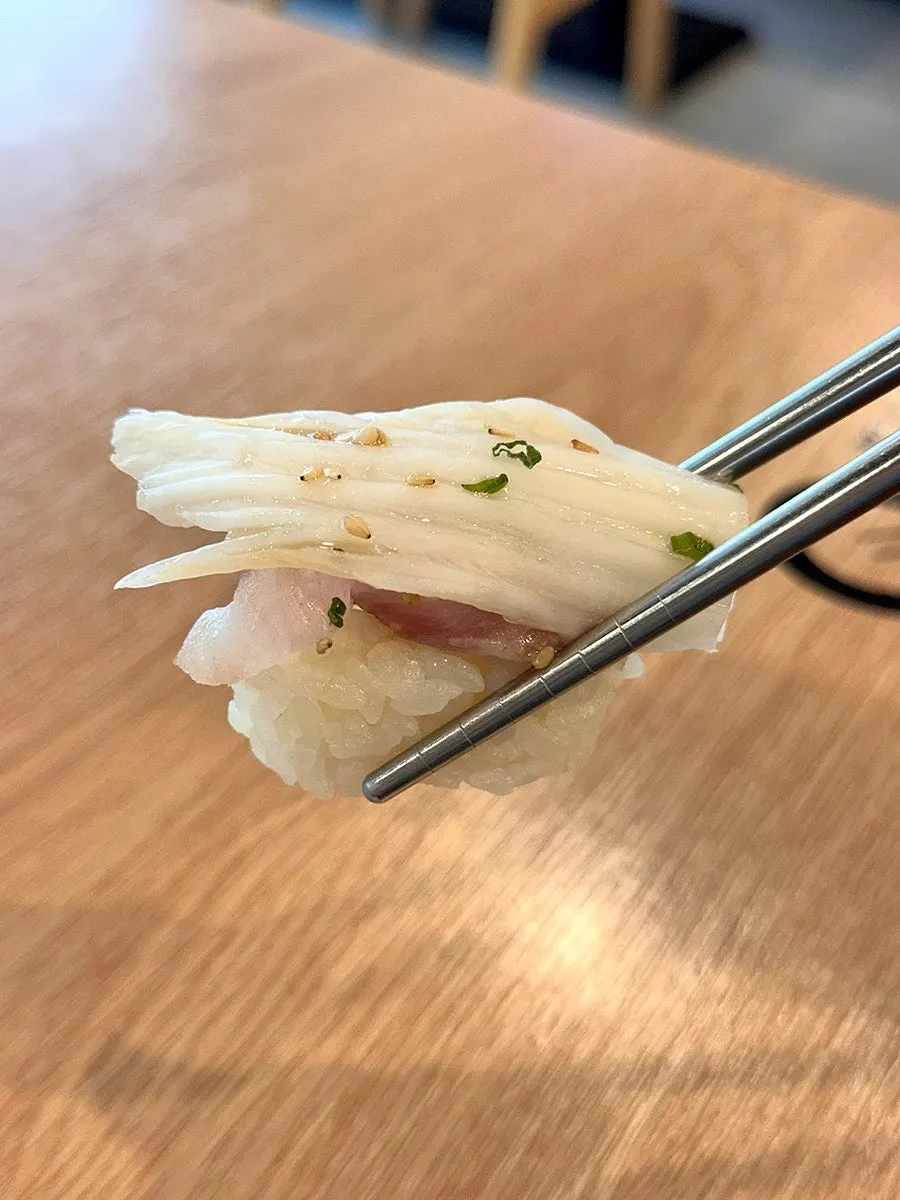 Aged kimchi halibut sushi