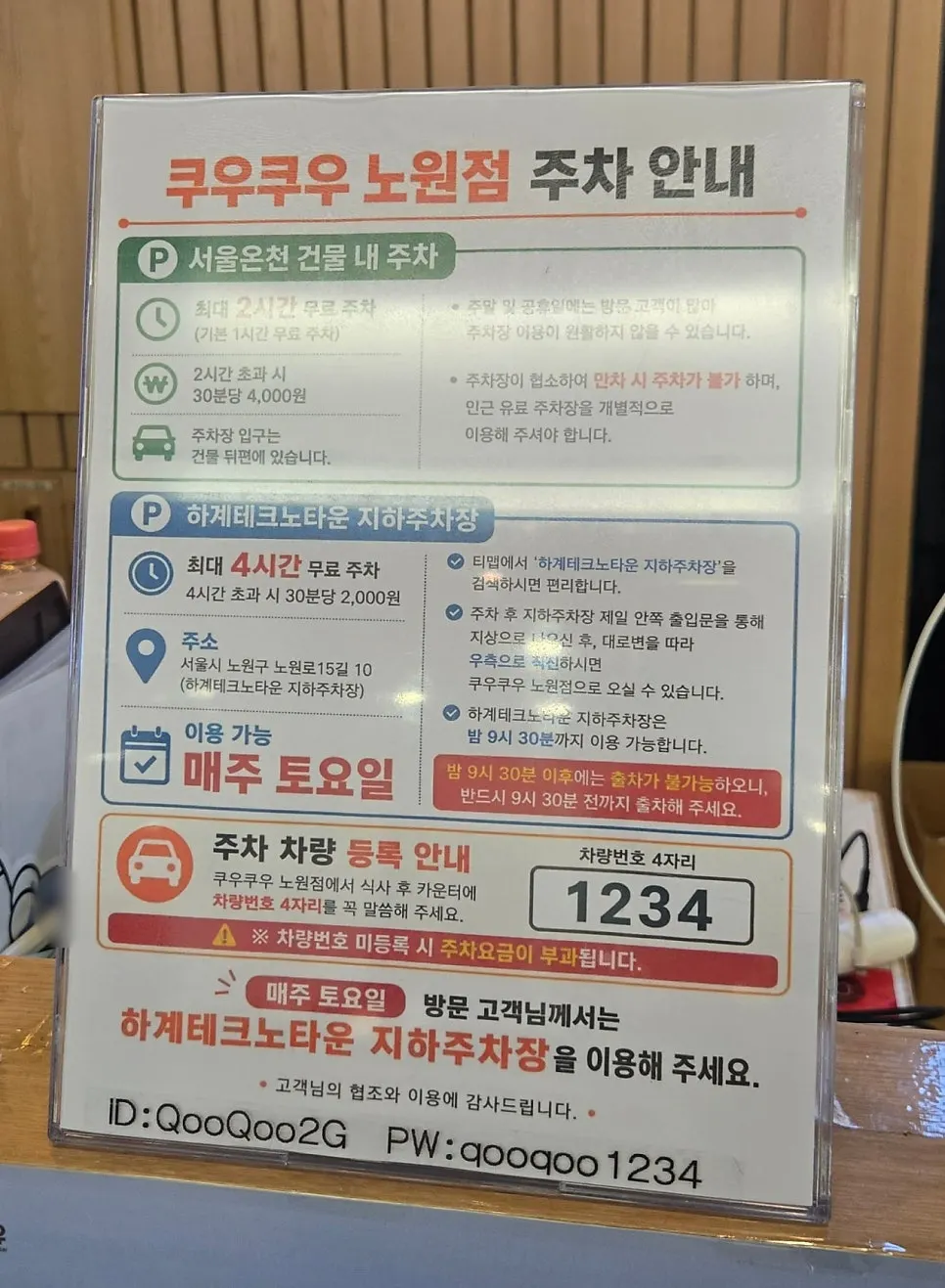 Parking information for Kuu Kuu Nowon Branch