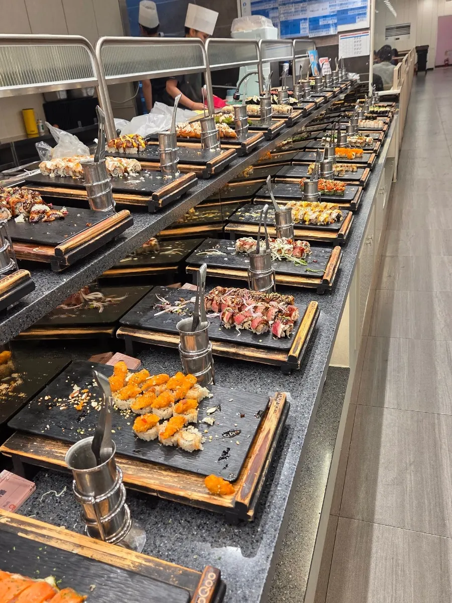 Salmon and shrimp sushi on display