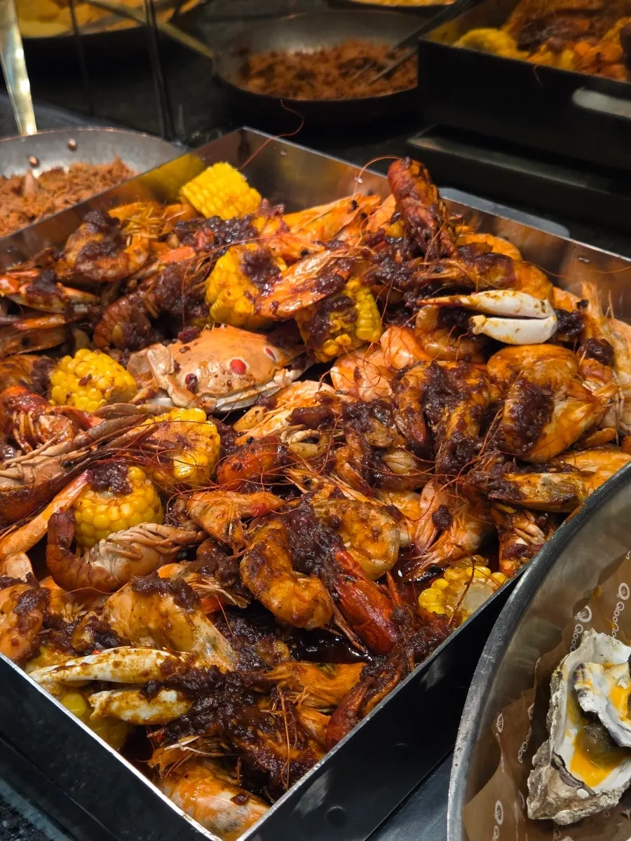 Hot food buffet counter with dishes displayed