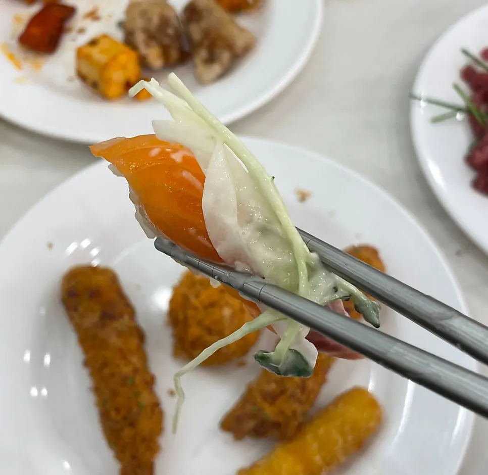 Close-up of a plate of salmon sushi
