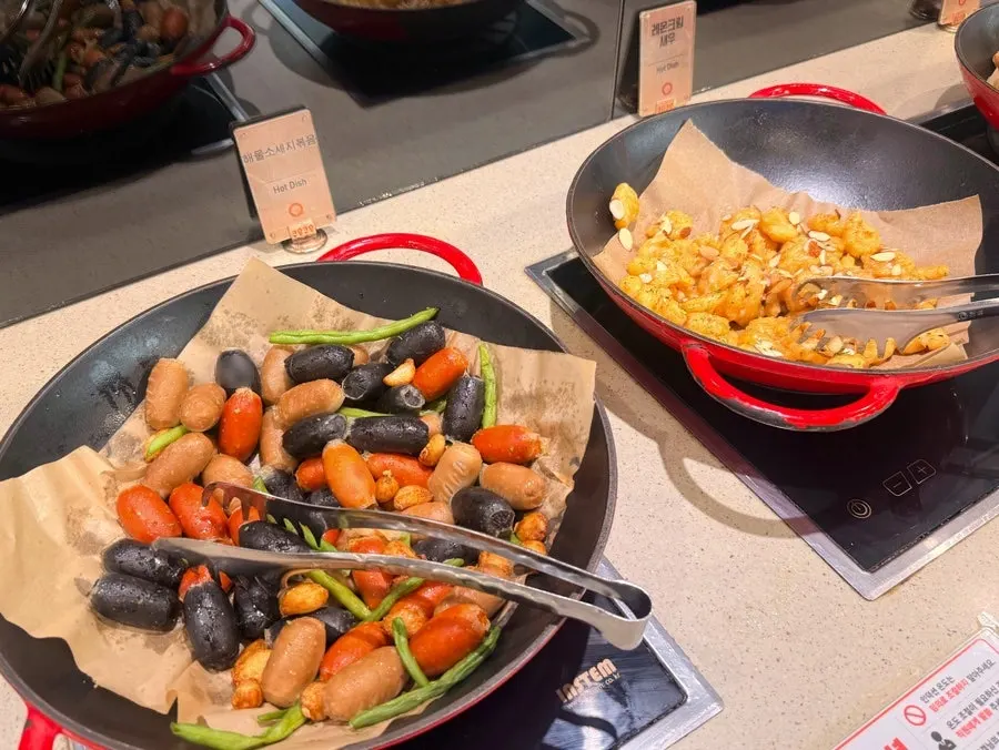 Newly refilled buffet dishes