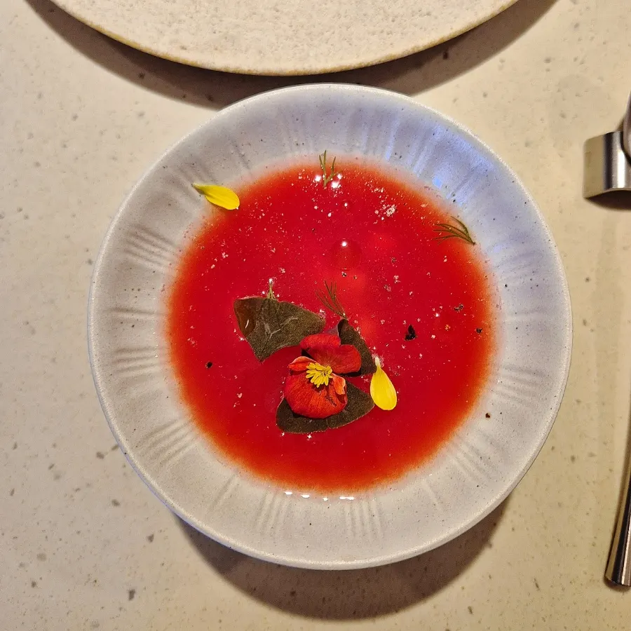Watermelon gazpacho, the first course of Kkweda's summer menu