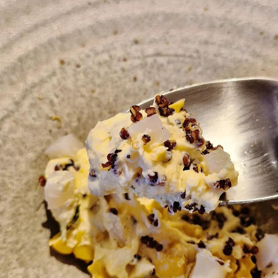 Sweet corn custard topped with kataifi noodles