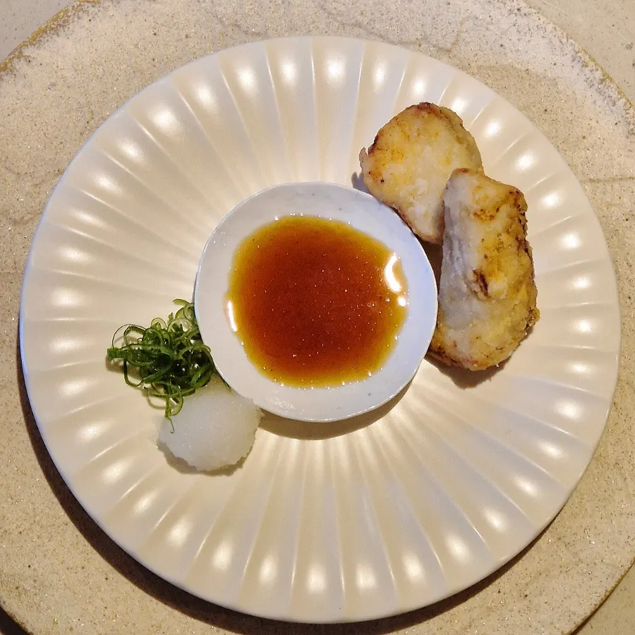 Sea bass karaage with yuzu ponzu and radish