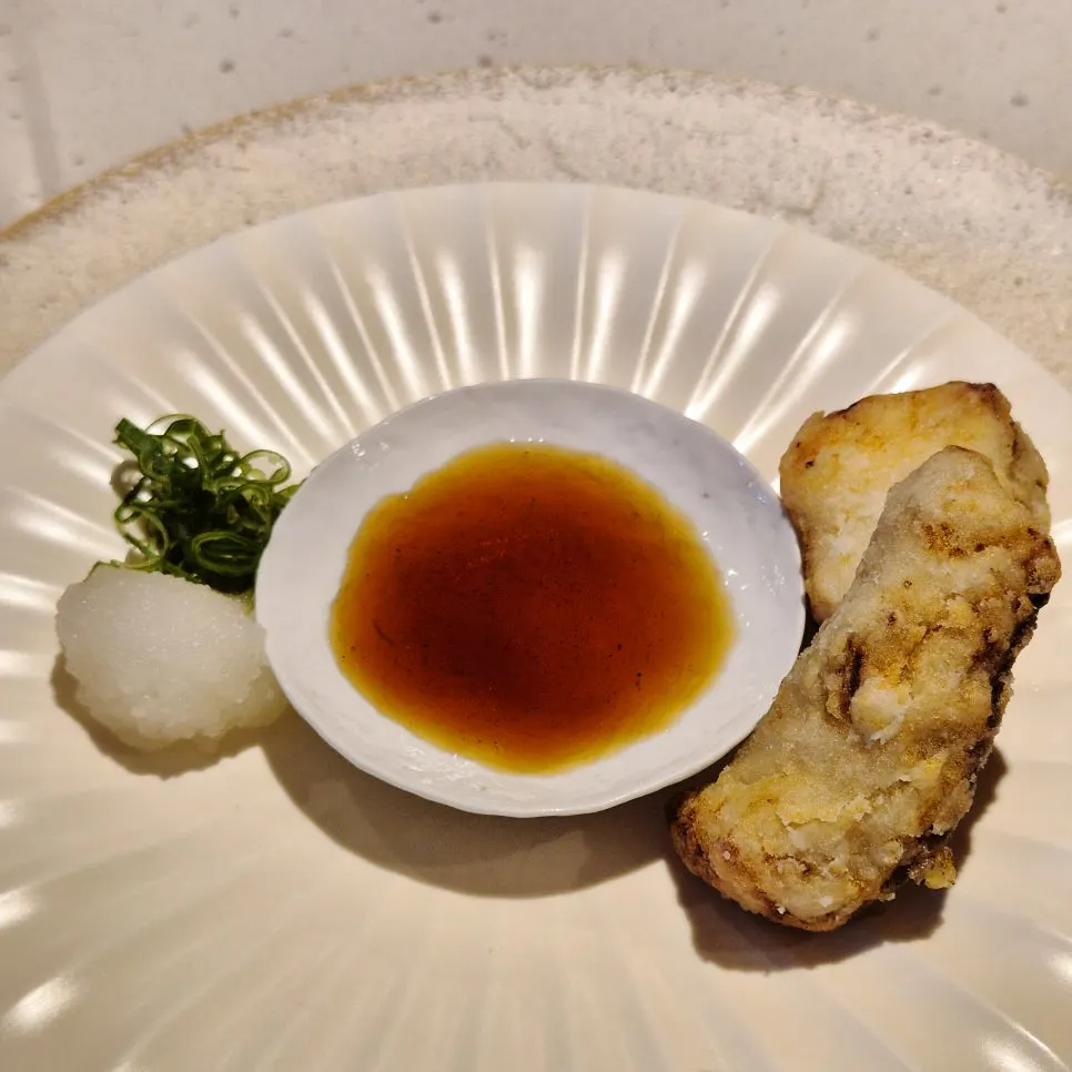 Cross-section of crispy fried sea bass karaage