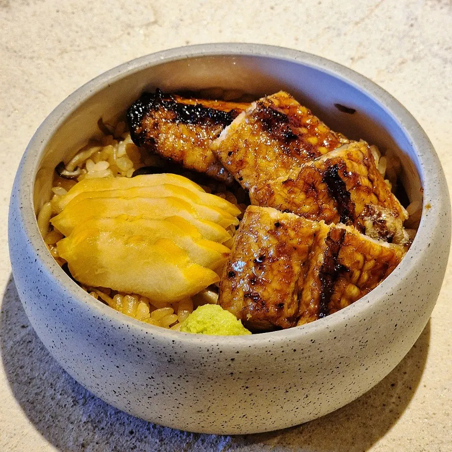 Close-up of eel donburi topped with burdock root