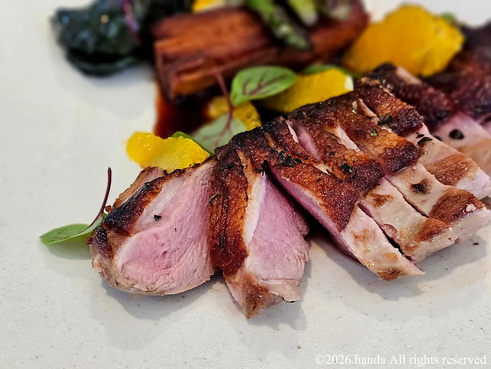 Cross-section of moist, cooked duck breast