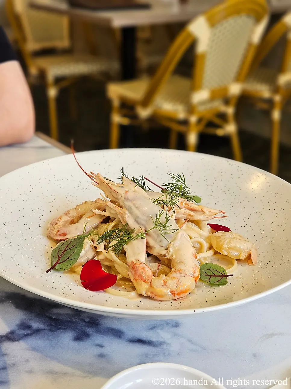 Spot shrimp bisque linguine pasta