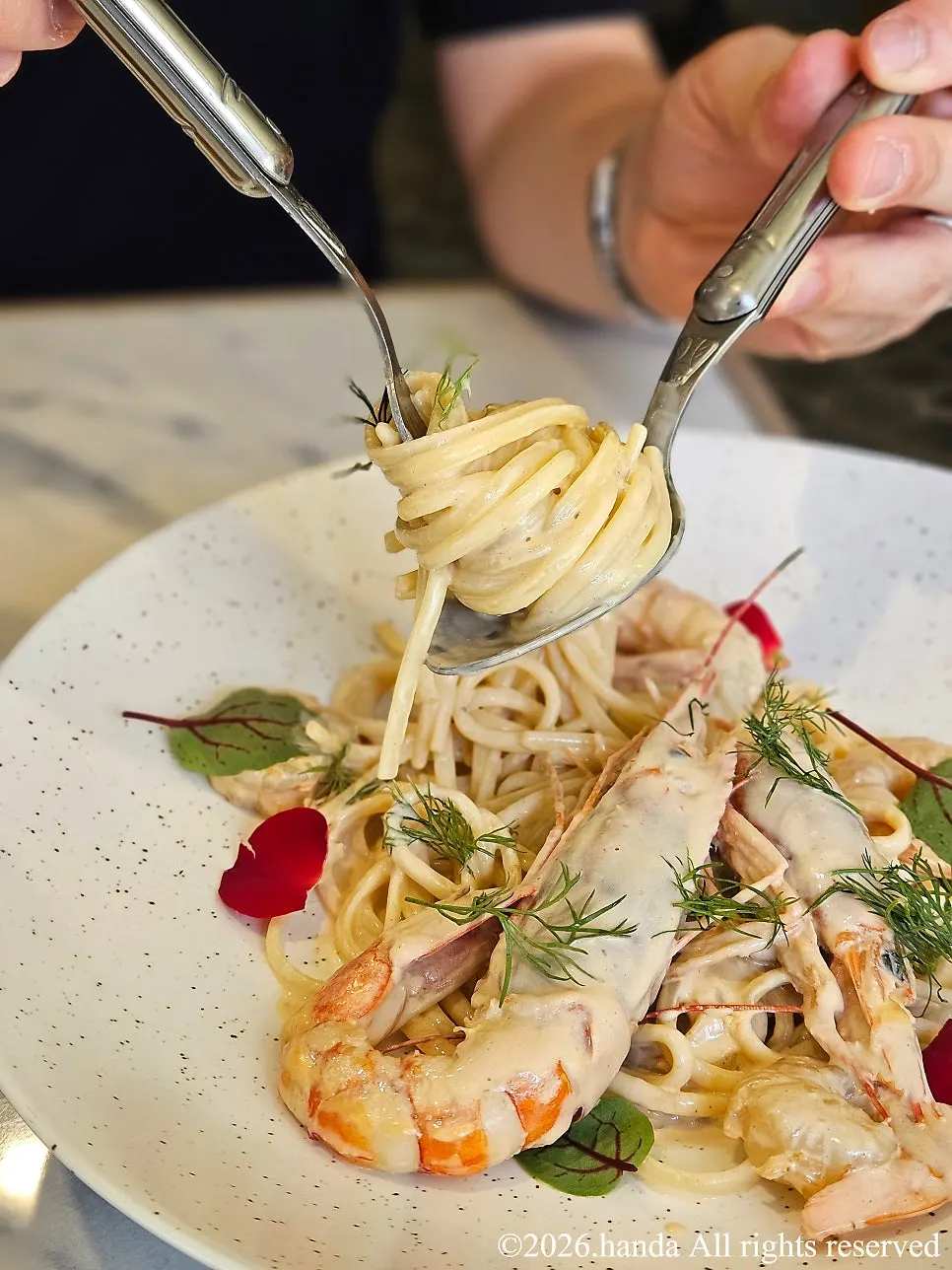 Bisque pasta topped with dill
