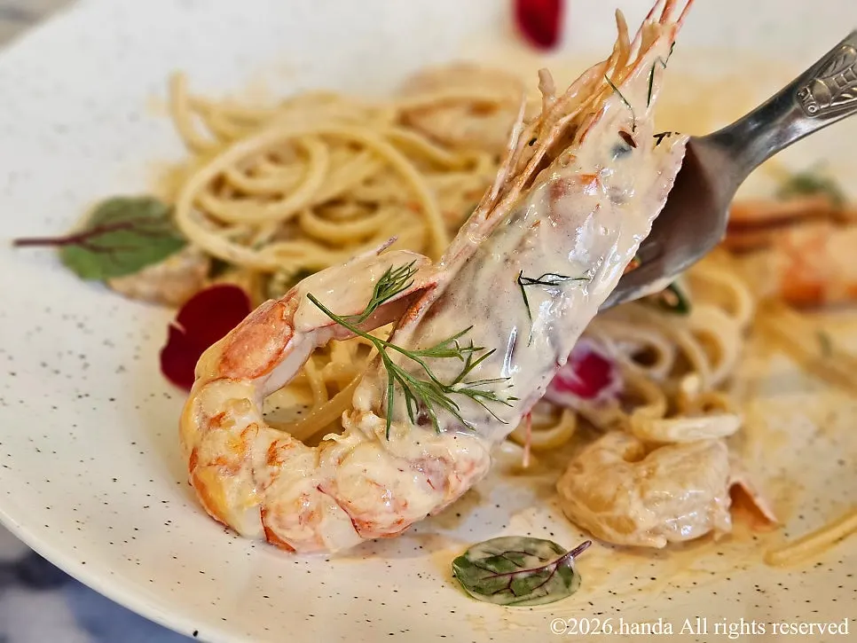 Pasta with spot shrimp and cocktail shrimp