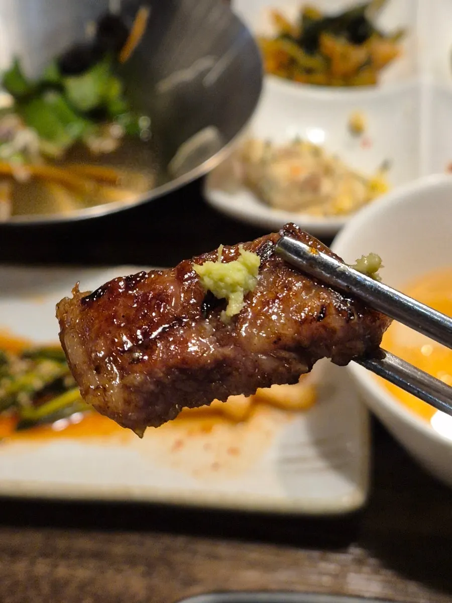 Ravi marinated grilled beef on the grill pan