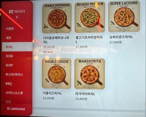 Raccoon Pizza's pizza menu board