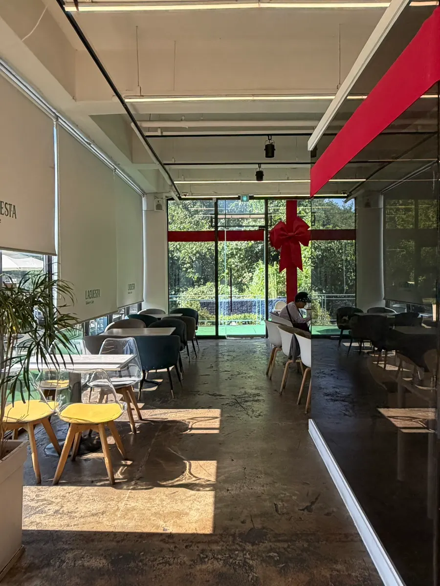 Window-side seating on the second floor