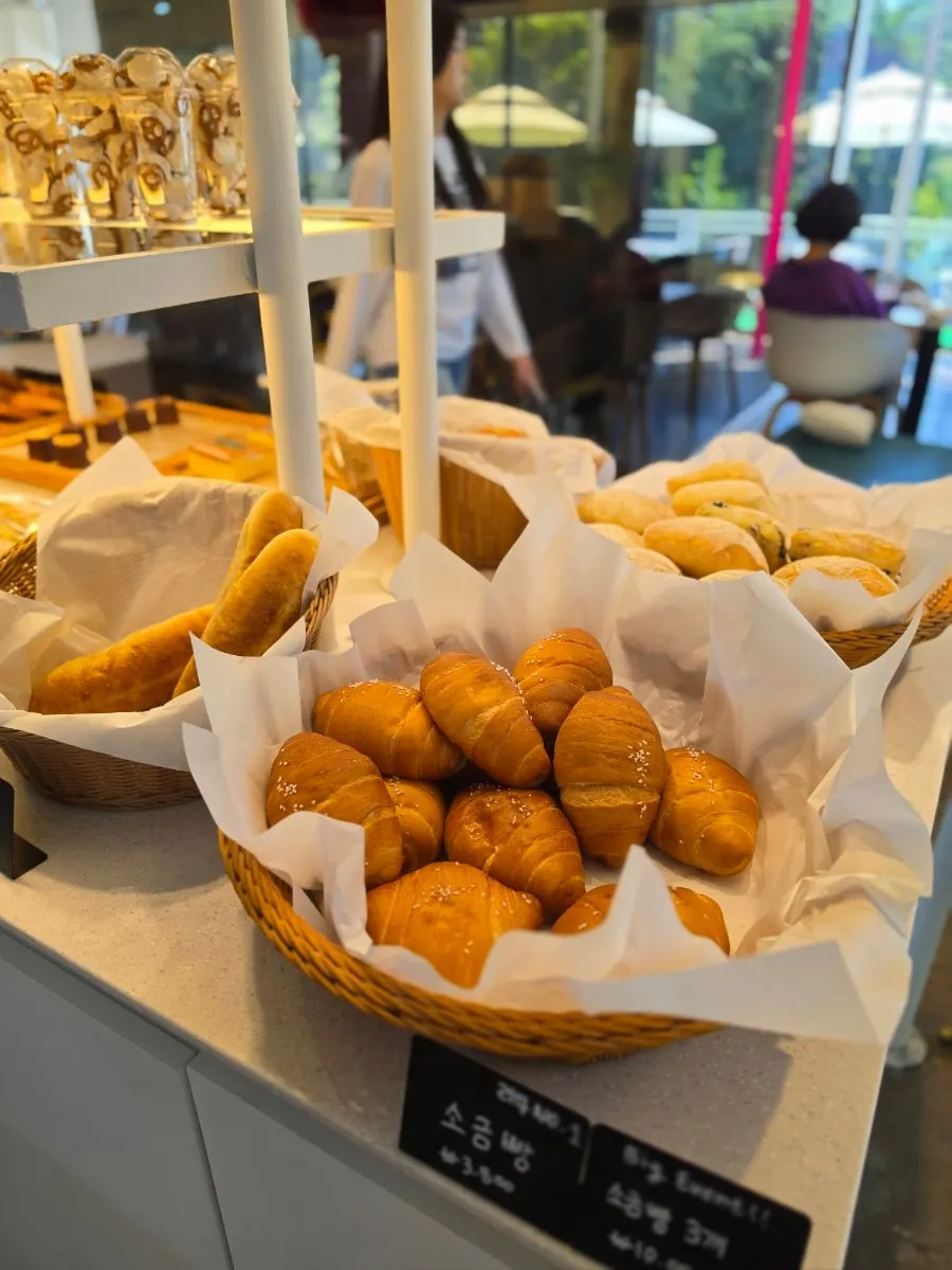 The first-floor bakery display case at La Cuesta