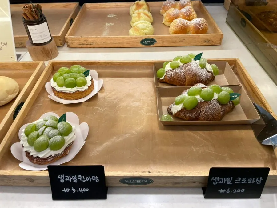 Croissant-type breads on display