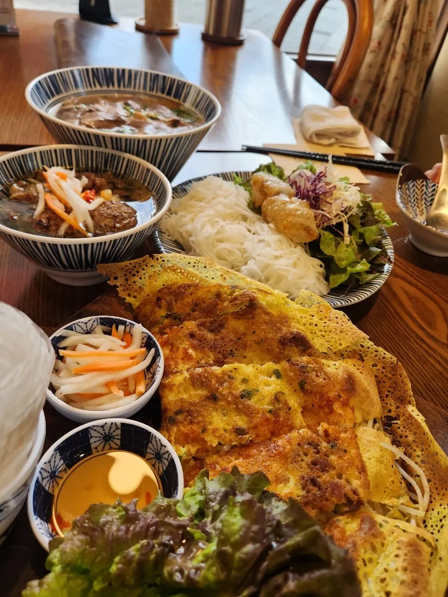 Close-up of the dishes in the set for two