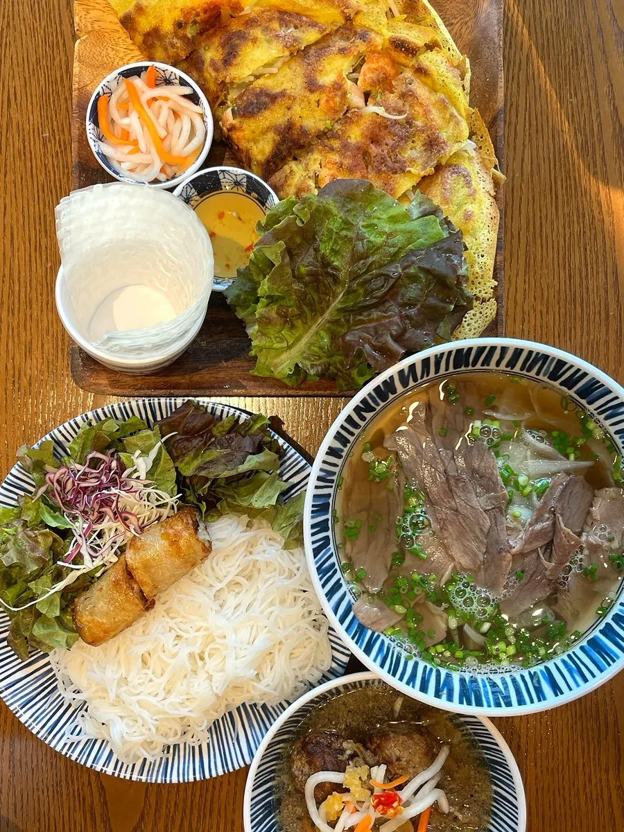 Bun cha noodles and vegetable arrangement