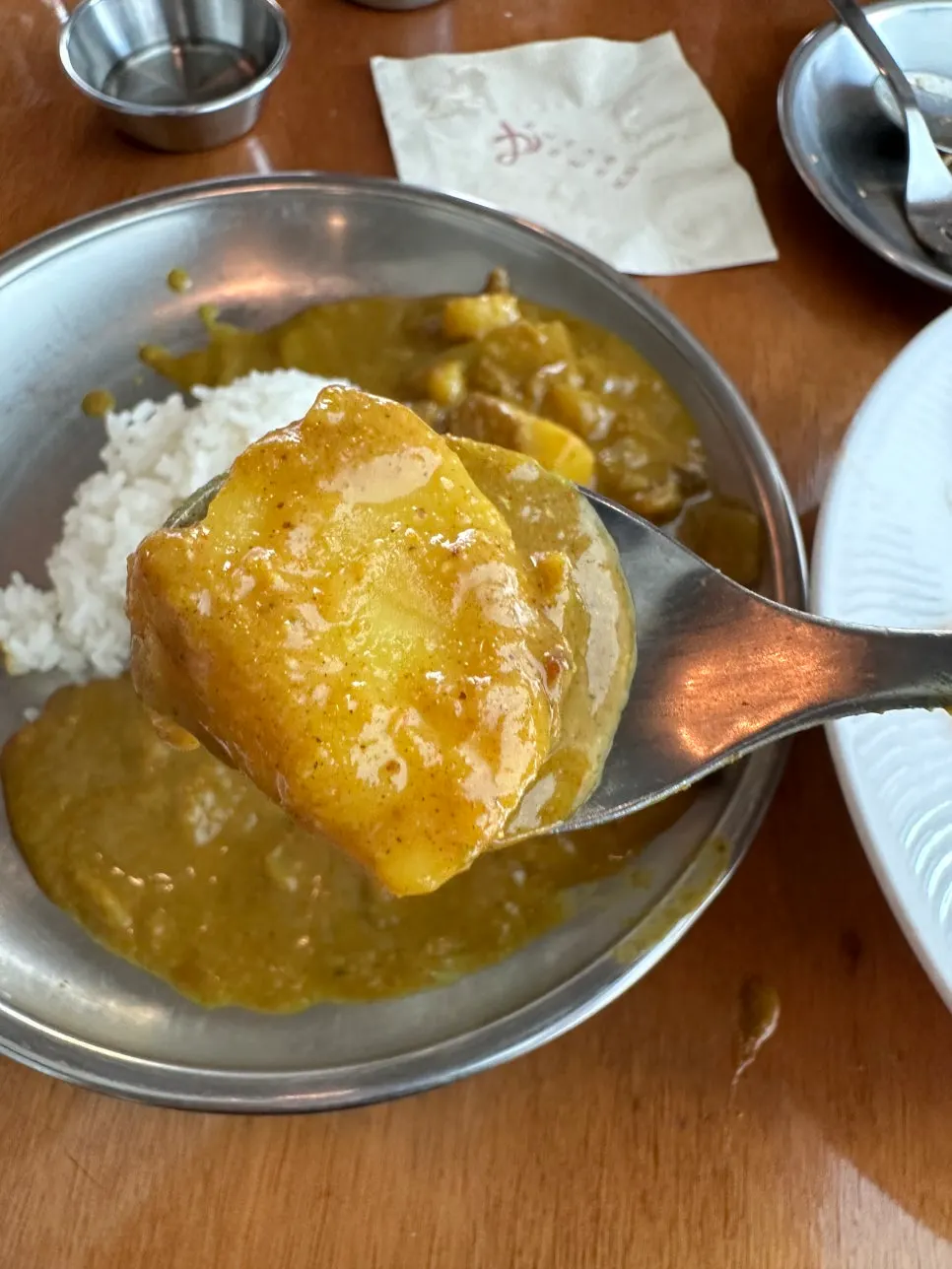 A spoonful of chunky beef and potato lifted from the curry