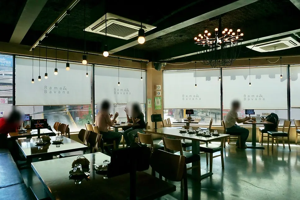 Window seat tables lined along the large window