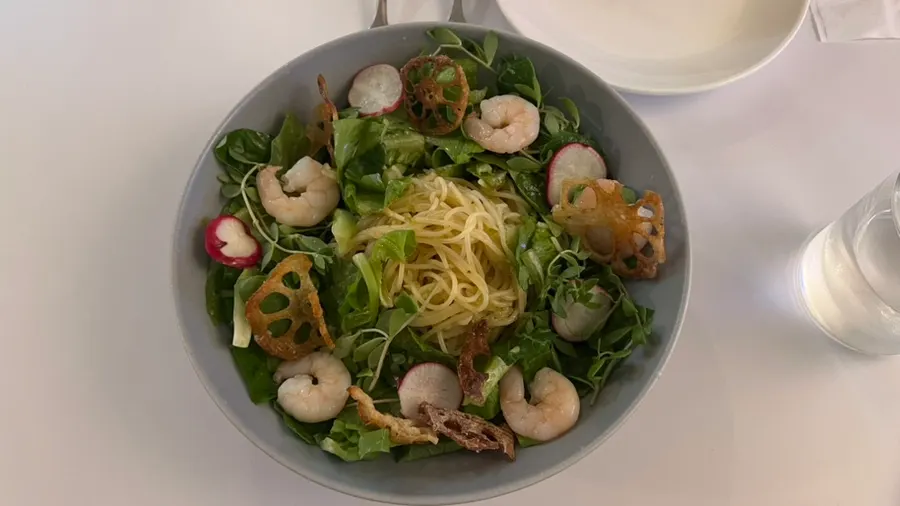 A bowl of yuja wild greens pasta