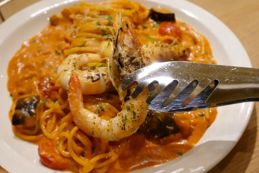 Rosé pasta with eggplant and tomato mixed in