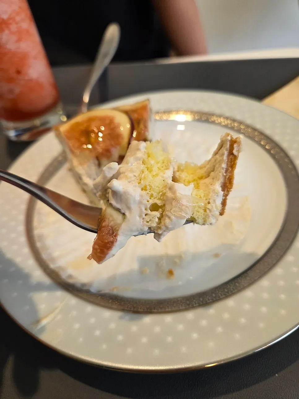 Cross-section of the fig earl grey tart cut with a fork