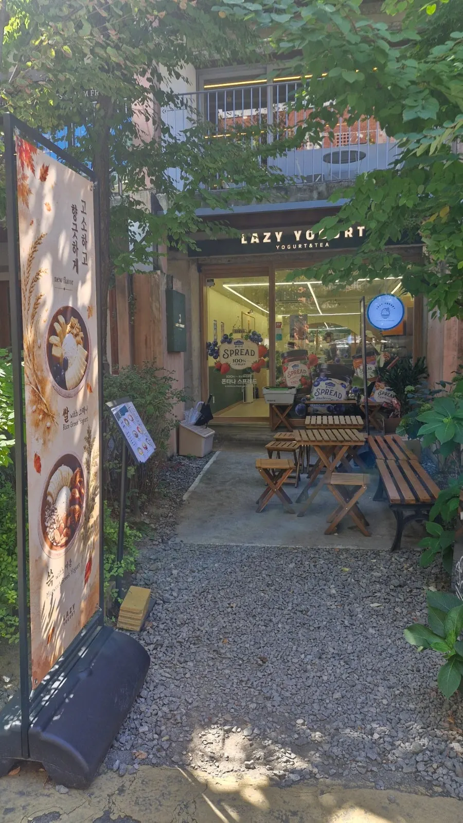 초록 식물이 놓인 레이지요거트 성수점 입구