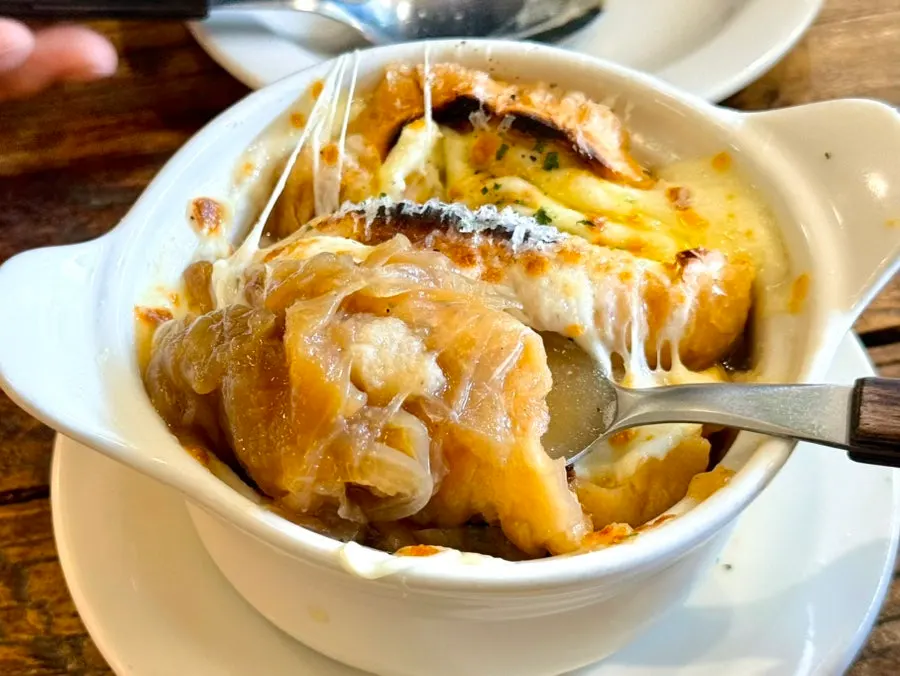 French onion soup served in a hot bowl