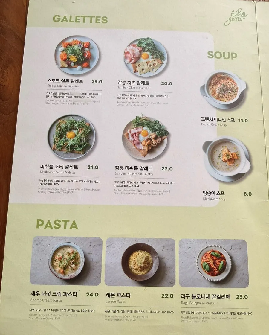 Galette menu board at Le Bon Goûter