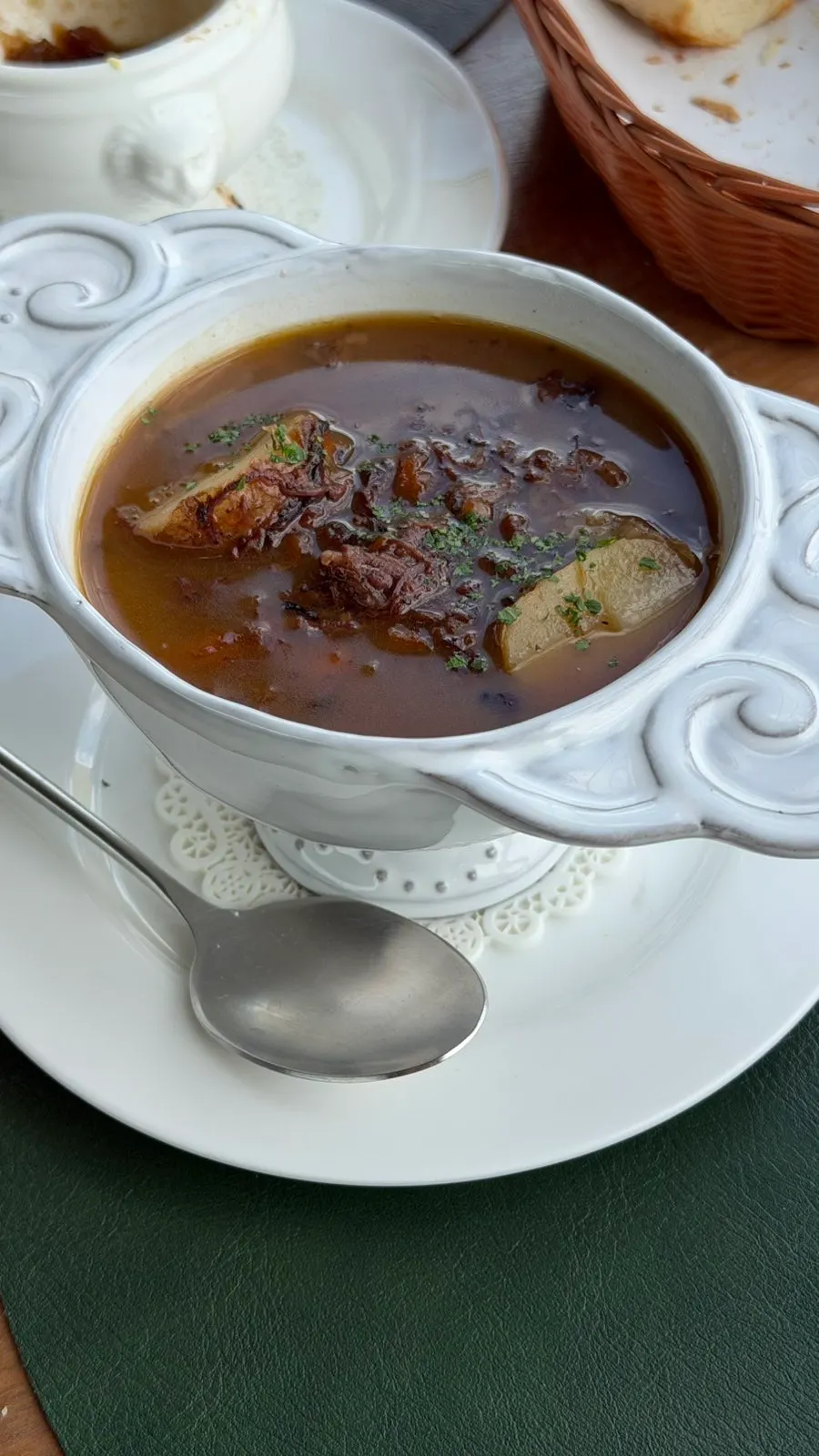 Close-up of the classic-looking onion soup