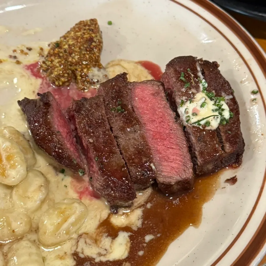 Sliced skirt steak with potato gnocchi
