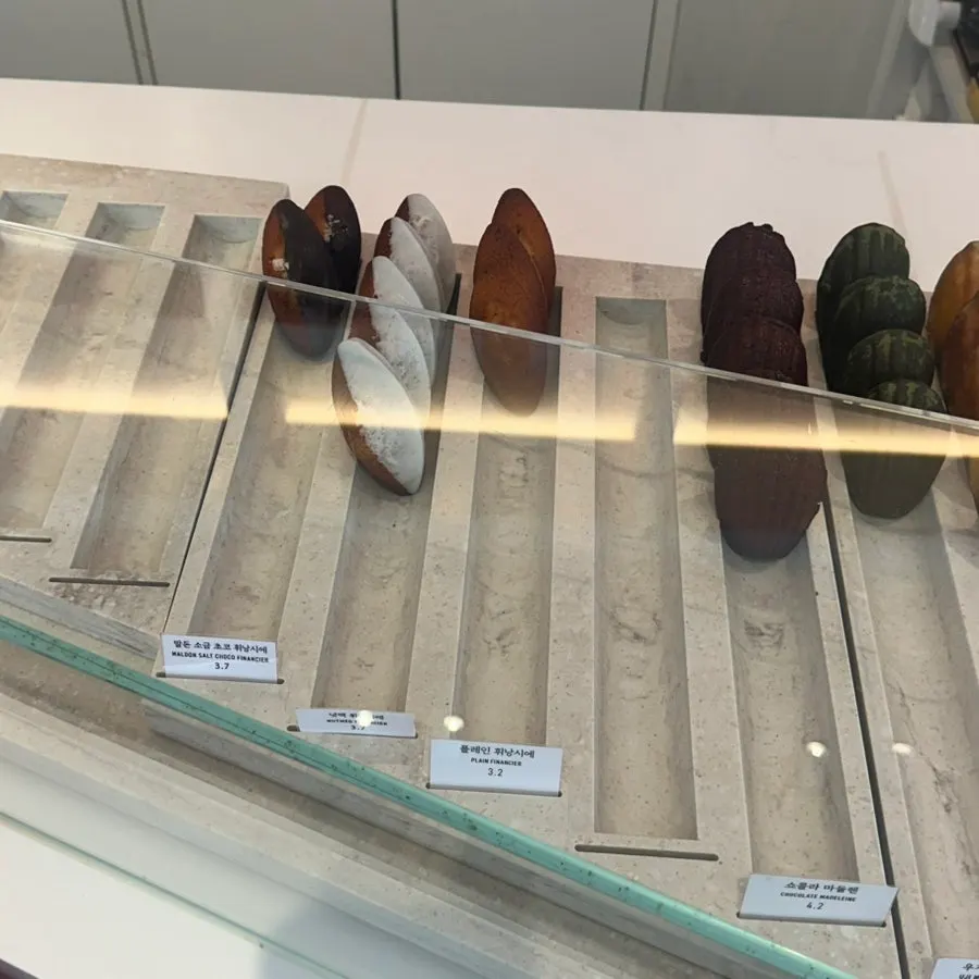 Display shelf of croissants and baguettes