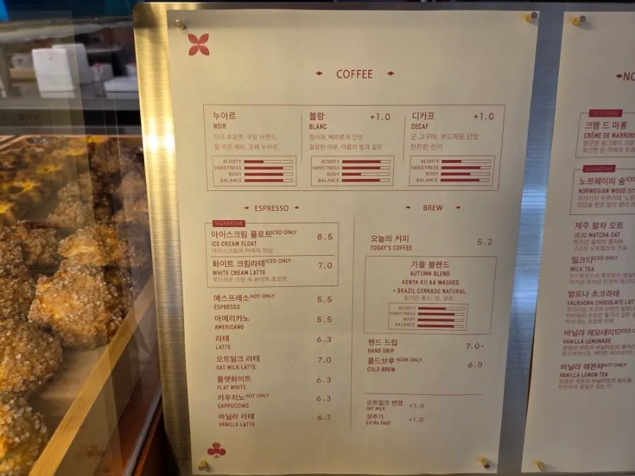 Coffee menu board at Lemangdoré Gwanghwamun