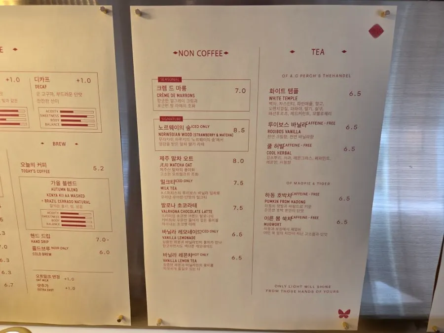 Menu board listing espresso and brew options