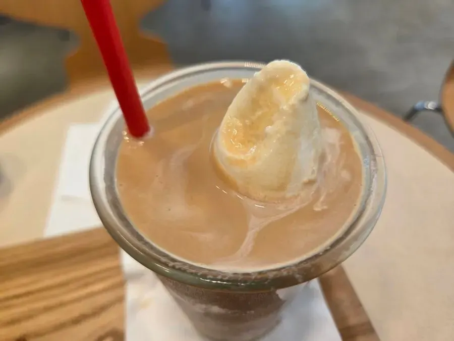 Close-up of the signature float topped with ice cream