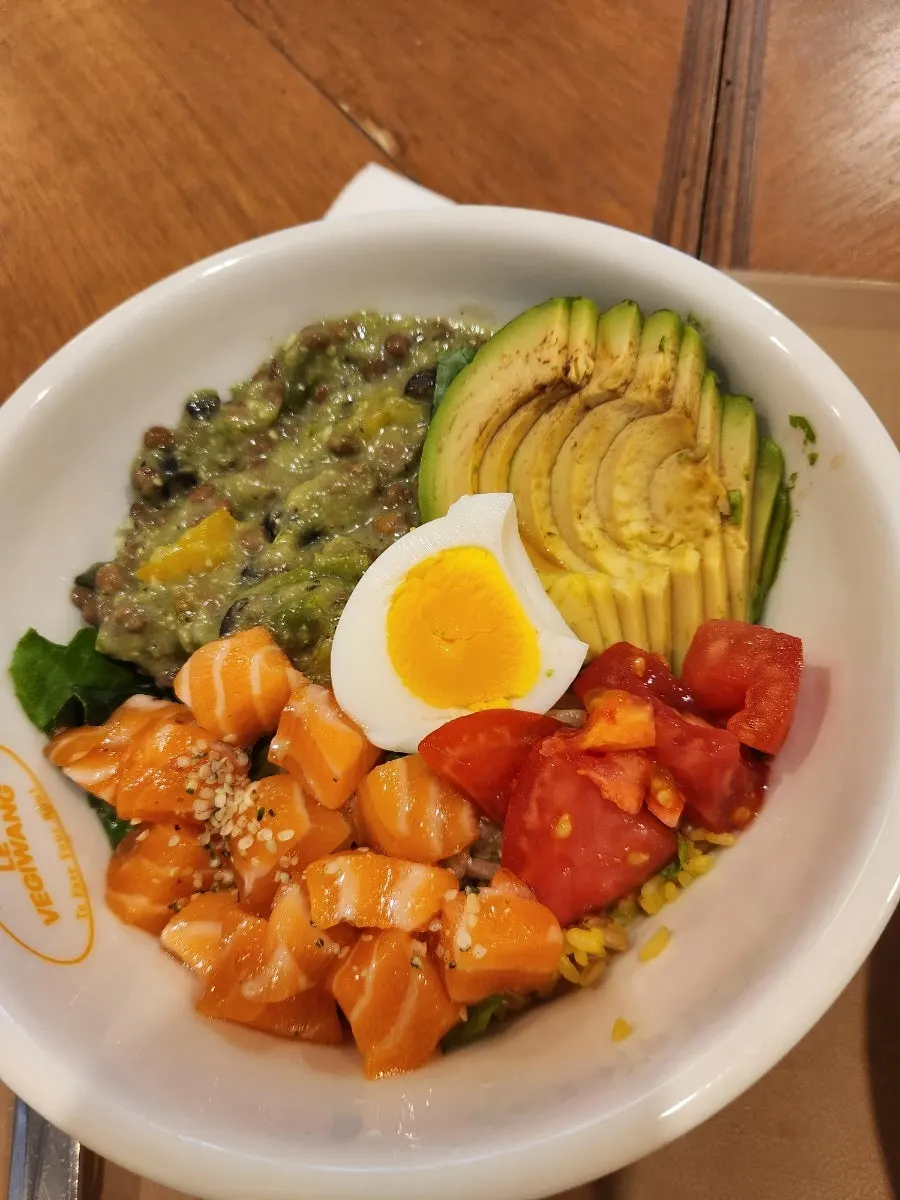 Close-up of raw salmon cubes in the Salmon Bowl