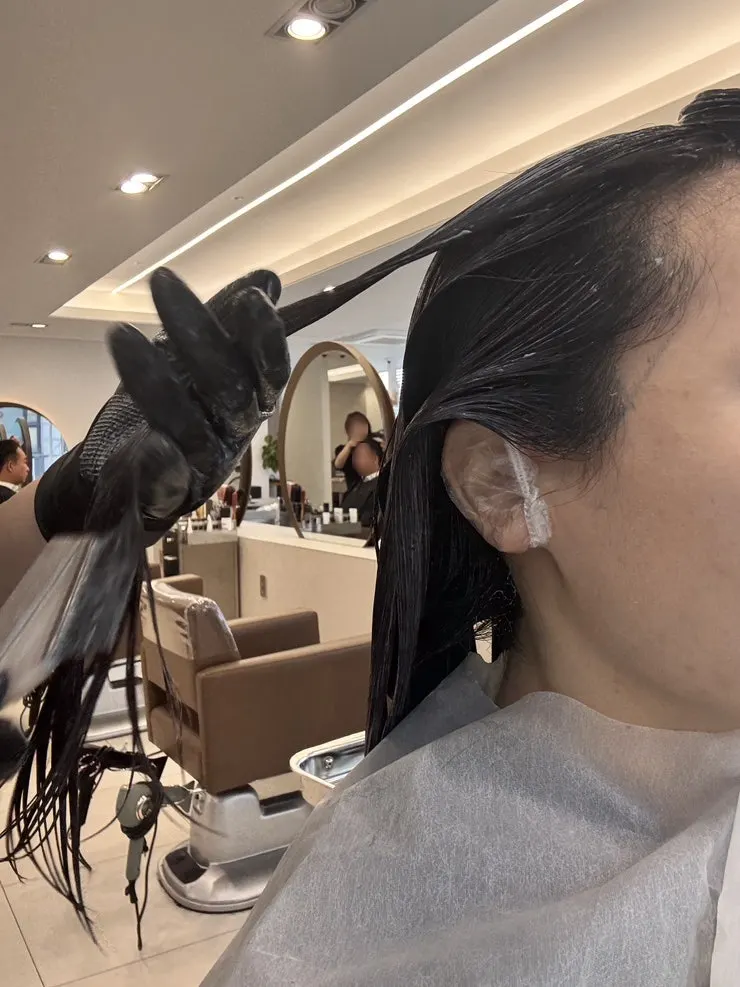 염색약 도포 중인 모발 섹션