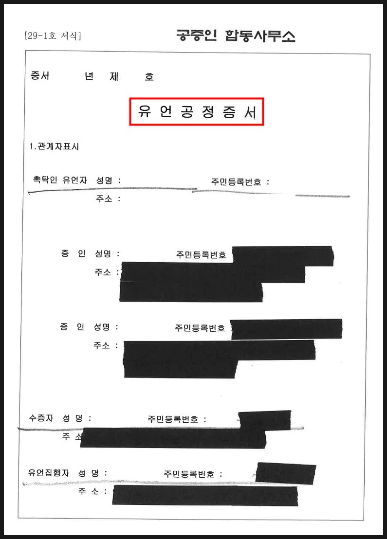 등기소에서 확보한 유증 관련 유언장 자료