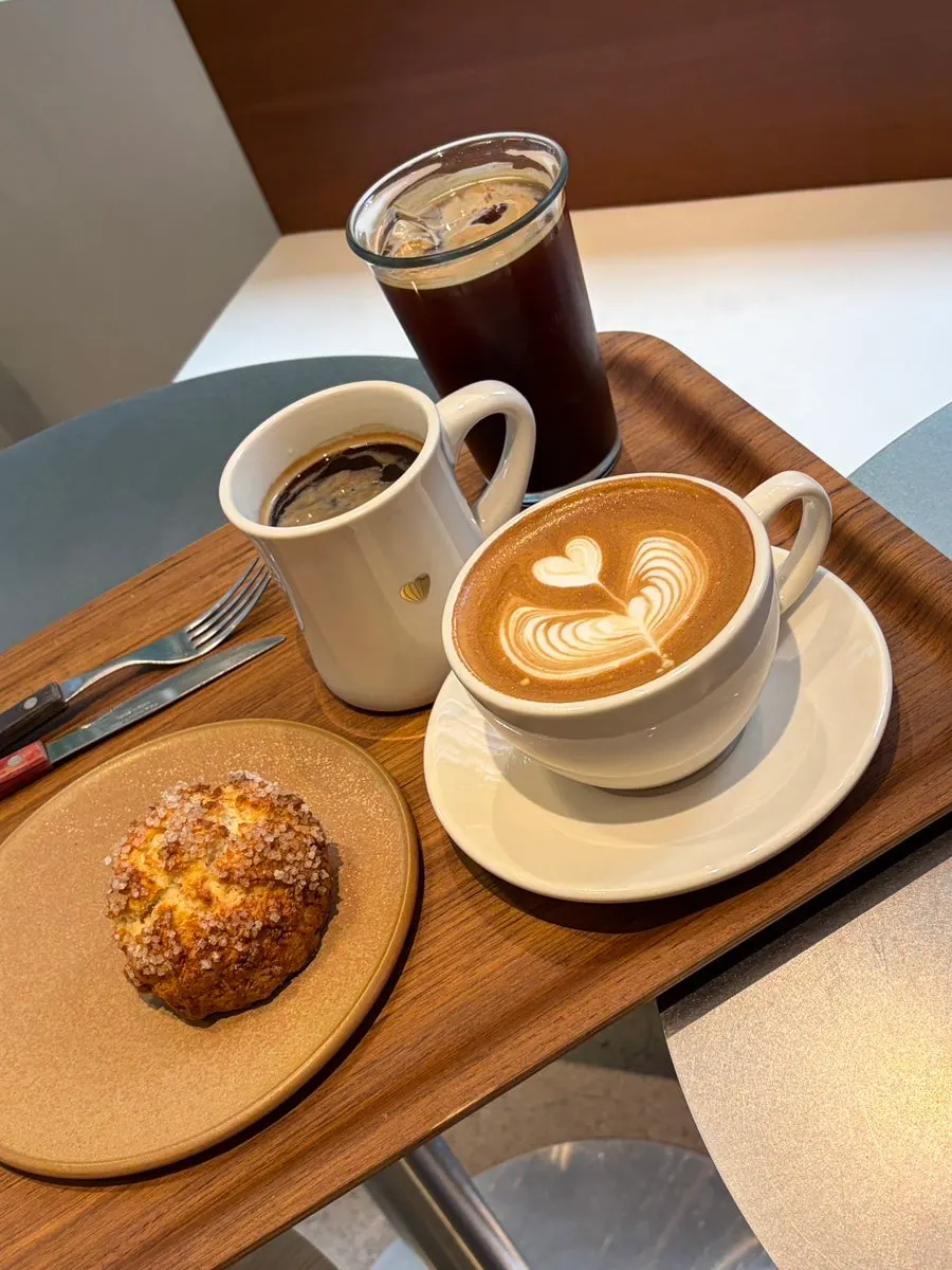 Warm latte topped with latte art