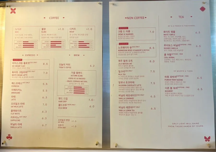 Coffee menu board at Lemangdoré Gwanghwamun