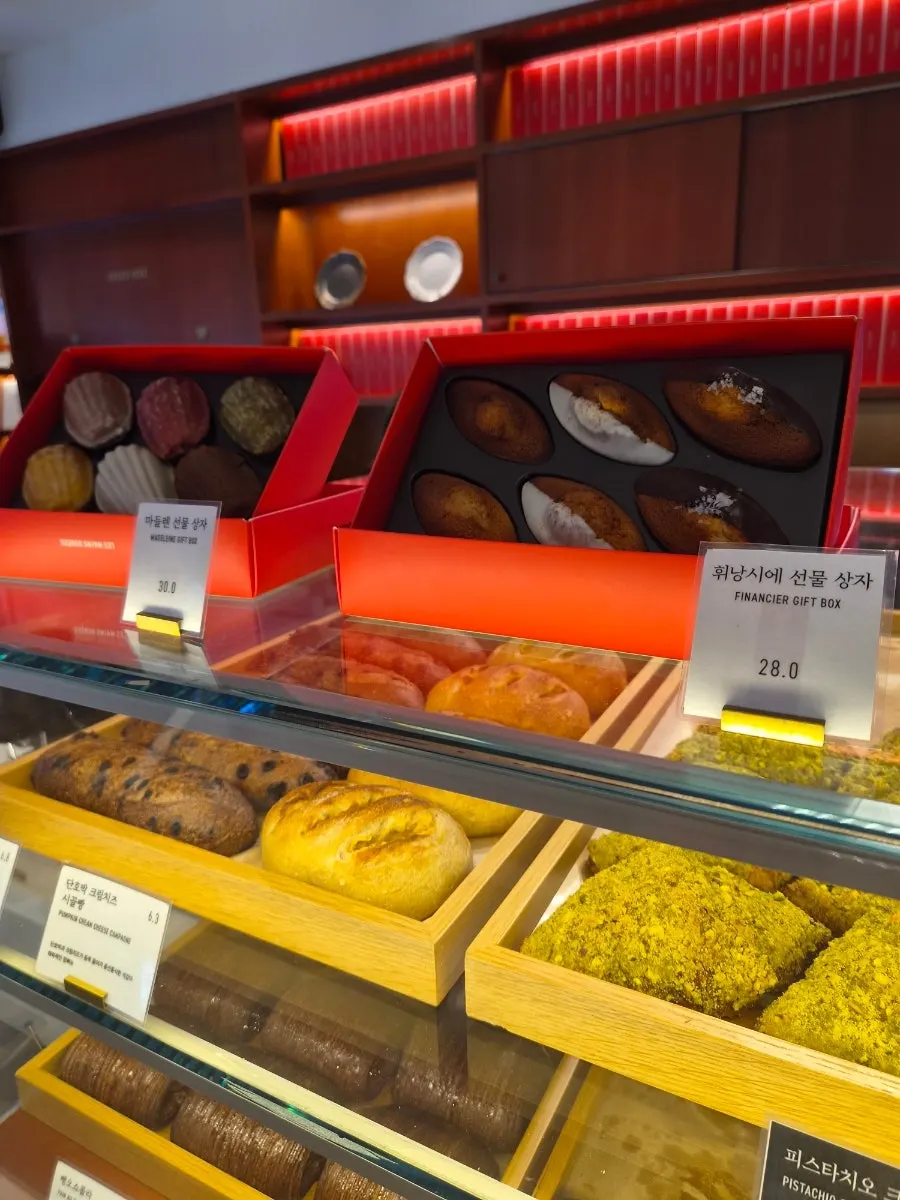 Bread showcase under warm lighting