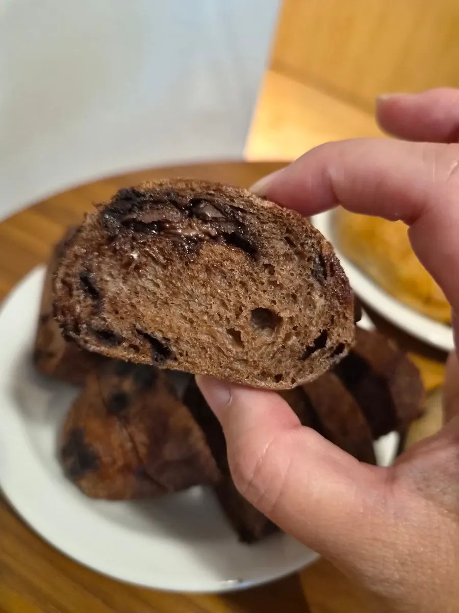 Cross-section of the sliced choco baguette