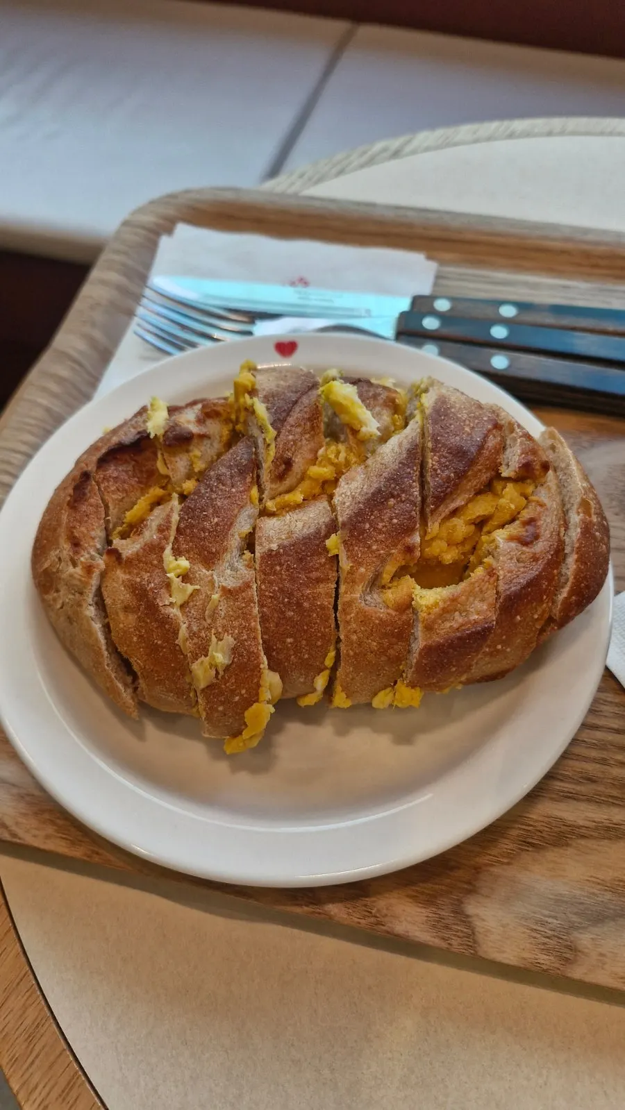 Kabocha cream cheese country bread with two iced Americanos