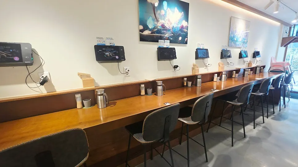 Interior with seats convenient for solo dining