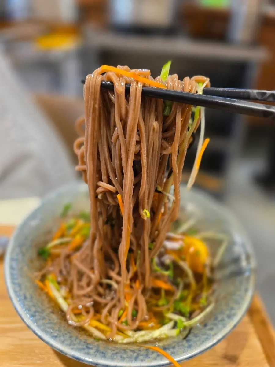 Generous portion of cold soba noodles and toppings