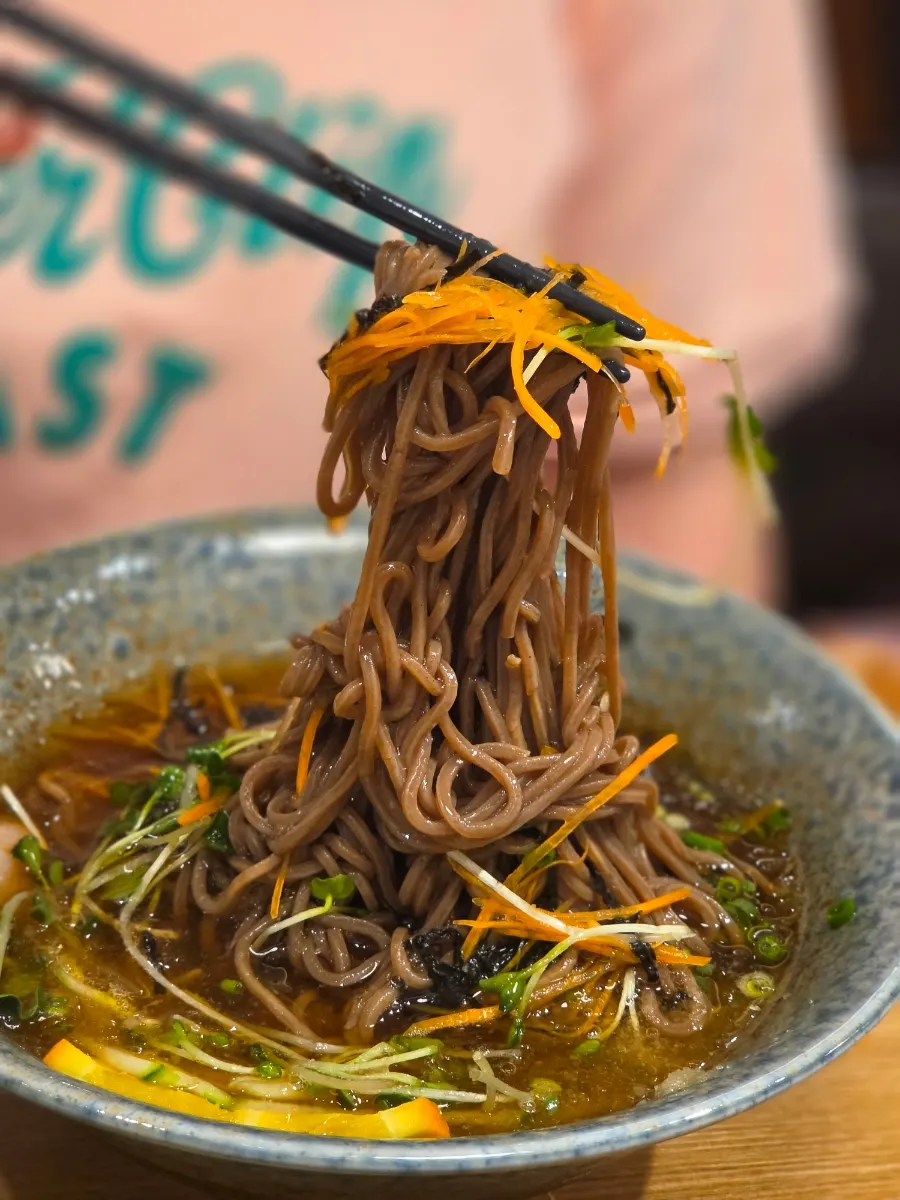 Close-up of springy cold soba noodles