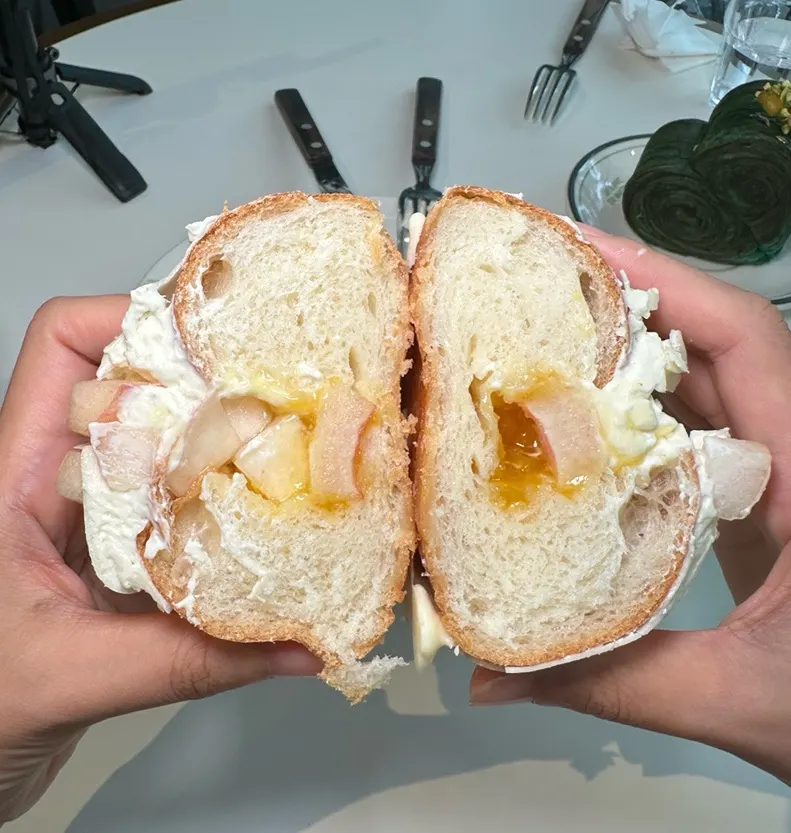 Cross-section of the peach wakku salt bread cut in half