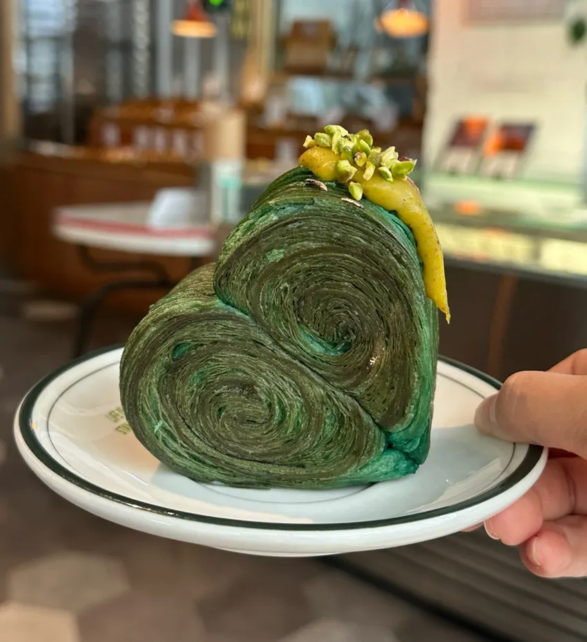 Bright green pistachio cream pastry