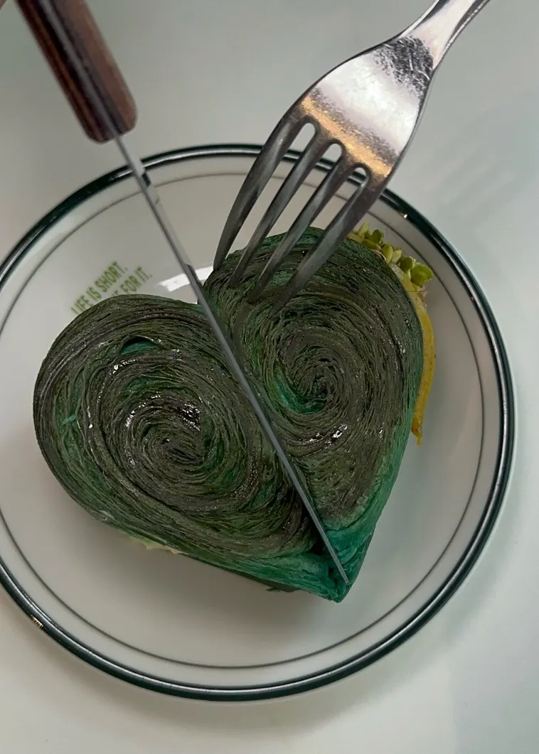 Close-up of the pistachio pastry's exterior